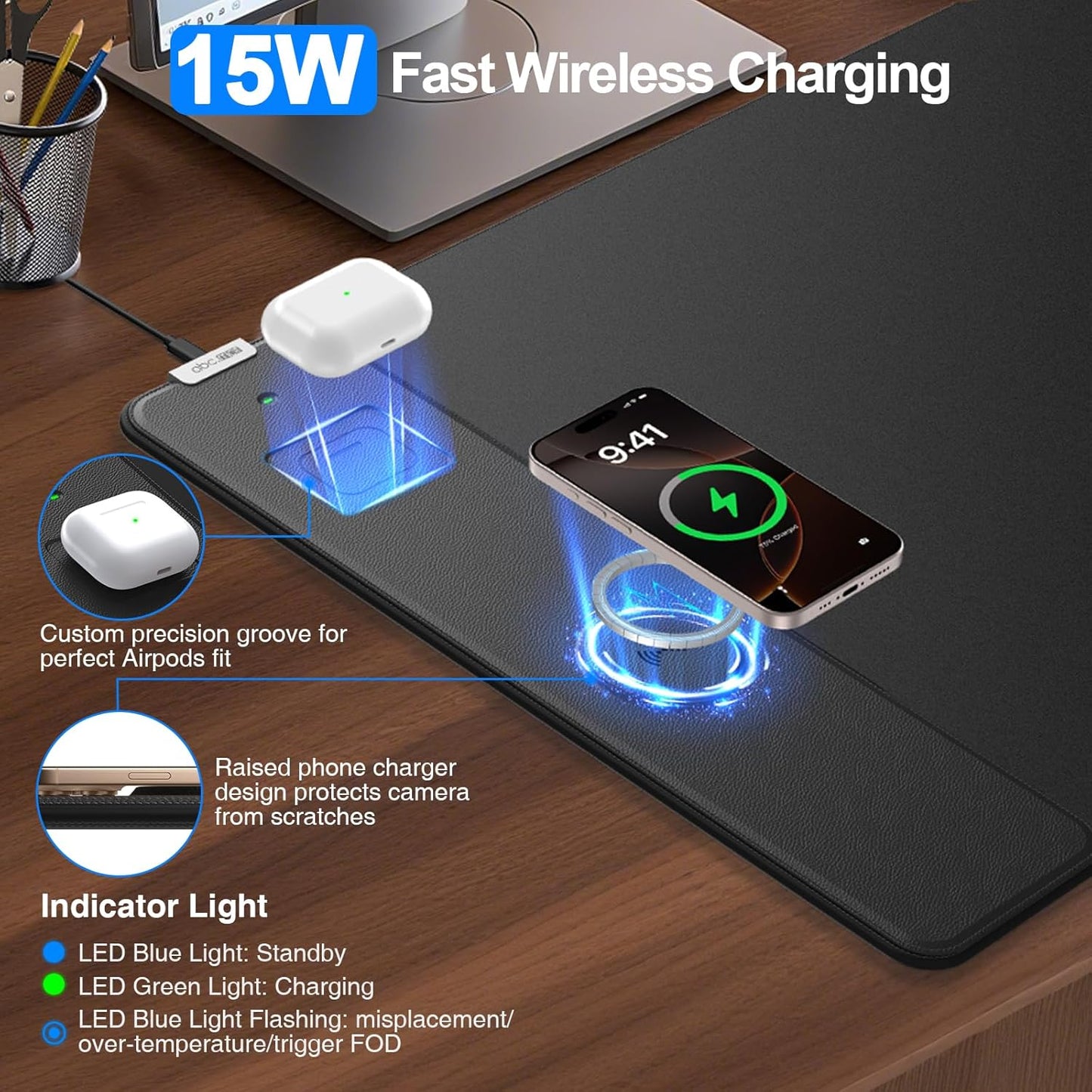 Wireless Charging Mouse Pad with Foldable Phone Holder, 31.5"x15.8" Large Desk Mat for Laptop/Keyboard, Waterproof Ultra-Smooth Surface, Non-Slip Base, Black