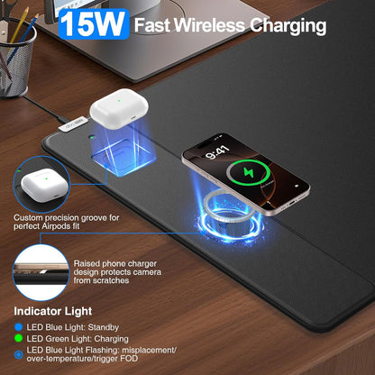 Wireless Charging Mouse Pad with Foldable Phone Holder, 31.5"x15.8" Large Desk Mat for Laptop/Keyboard, Waterproof Ultra-Smooth Surface, Non-Slip Base, Black