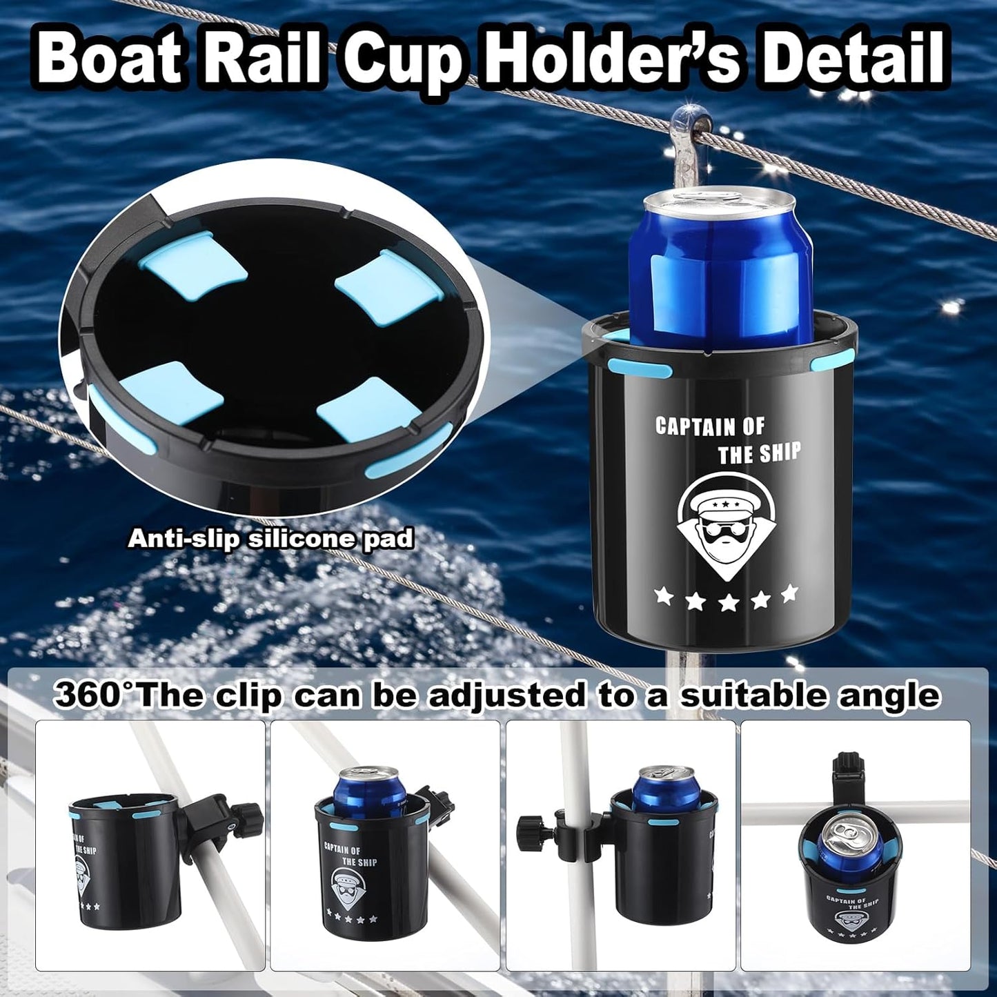 Teenyyou Marine Boat Rail Cup Holder No Drilling Drink Holder Clamp on Kayak Cup Holders Boat Accessories Gifts Install on Pole Grip Rail Grab Bar for Men