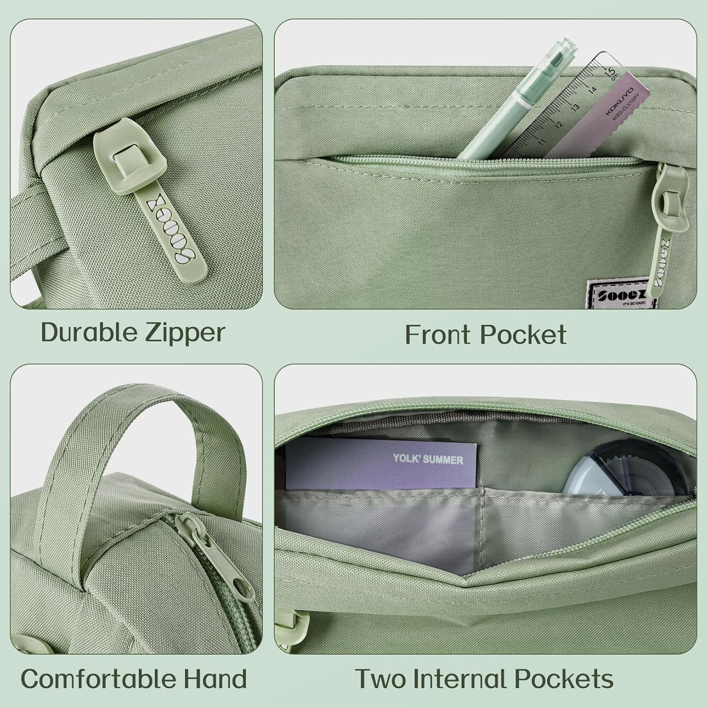 Sooez Original High Capacity Pencil Case, Big Pencil Bag Pouch Box Organizer Pen Case, Aesthetic Supply for Girls Adults, Portable Journaling Supplies with Easy Grip Handle & Loop, Mint Green
