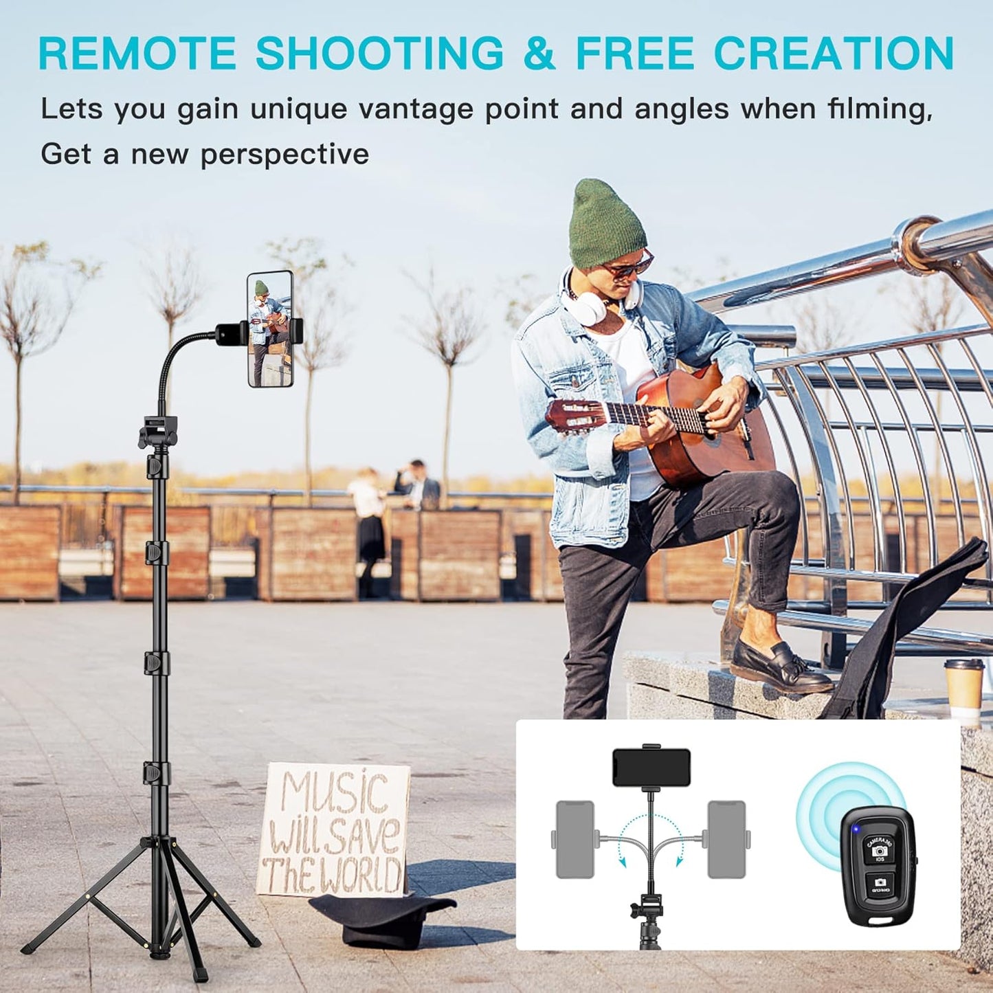 Phone Tripod, 86" Tall Tripod for iPhone with Flexible Gooseneck & Remote, Portable Aluminum Cellphone Stand for Selfies, Video Recording,Travel, Compatible with iPhone Android