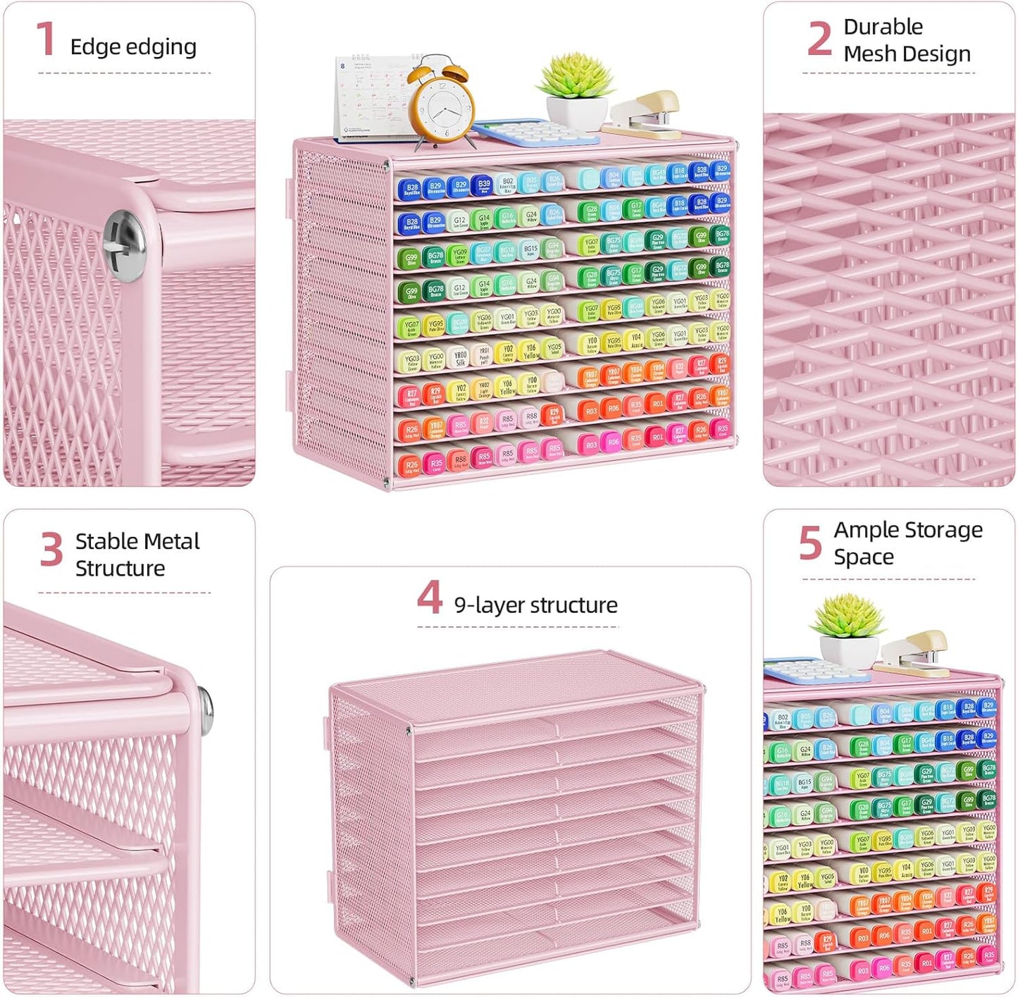 Marbrasse Mesh Marker Organizer, Metal Desktop Storage Rack for 126 Markers, Pens, Pencils, 9 Tier Marker Holder for Office Classroom & Home Art Supplies(Black)
