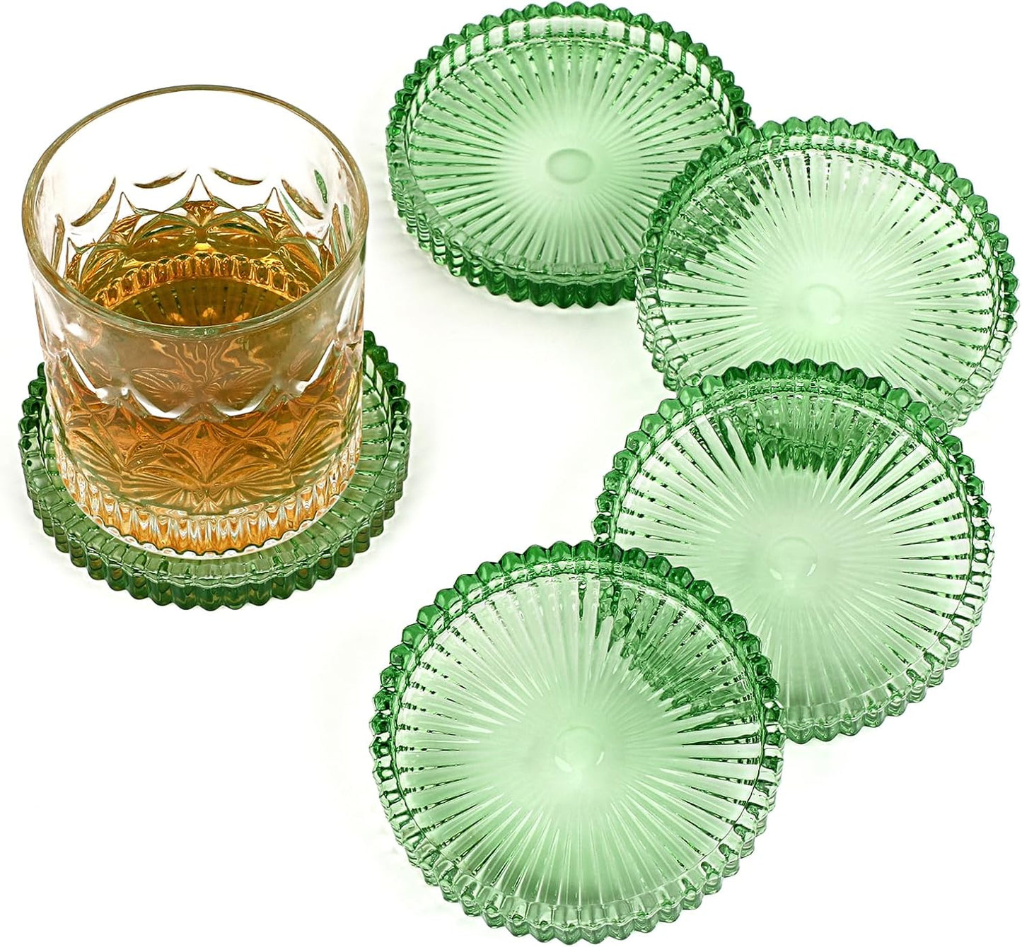Modern Clear Coasters Set of 5- Glass Cute Coasters for Drinks Crystal Coaster Round Chic Cup Mat Cute Coffee Table Coaster for Kitchen, Bar, Dining Room, Living Room, Patio(Amber)