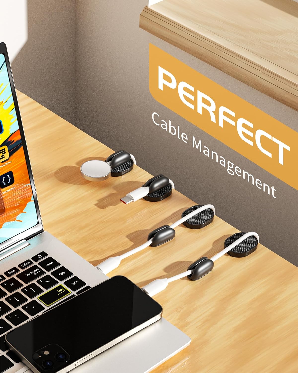 5-Pack Magnetic Cable Clips Cord Organizer - Smoothly Adjustable, Puretor Desk Cable Management Clips. Ideal Wire Holders for Desktop, Nightstand, Wall - Perfect for Home Office, Phone, Car (Black)