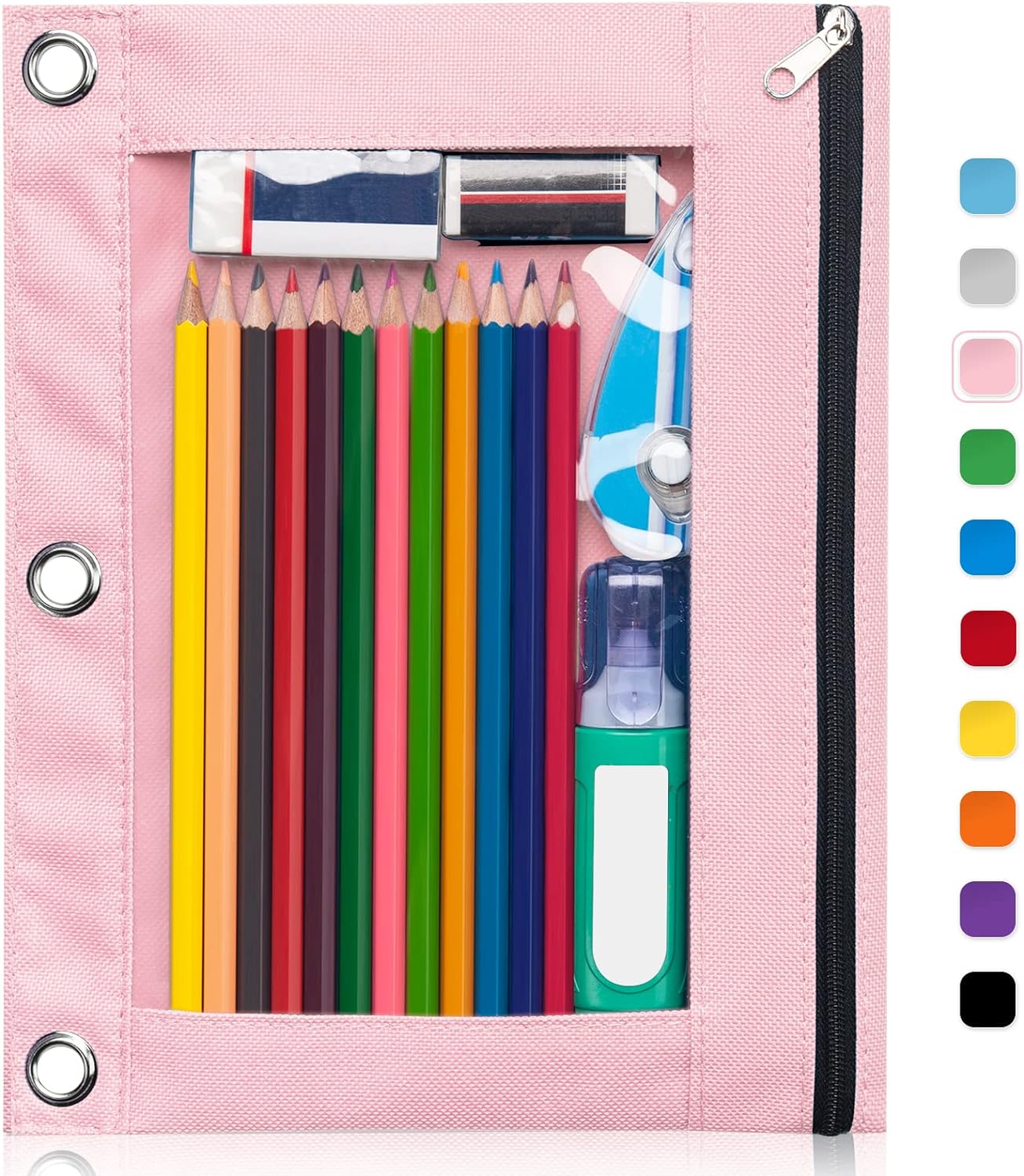 Forvencer Pencil Pouch for 3 Ring Binder, Large Pencil Case Pouch with 3 Reinforced Grommets, Pen Bag, Clear Window Pencil Case, Binder Accessories, Black