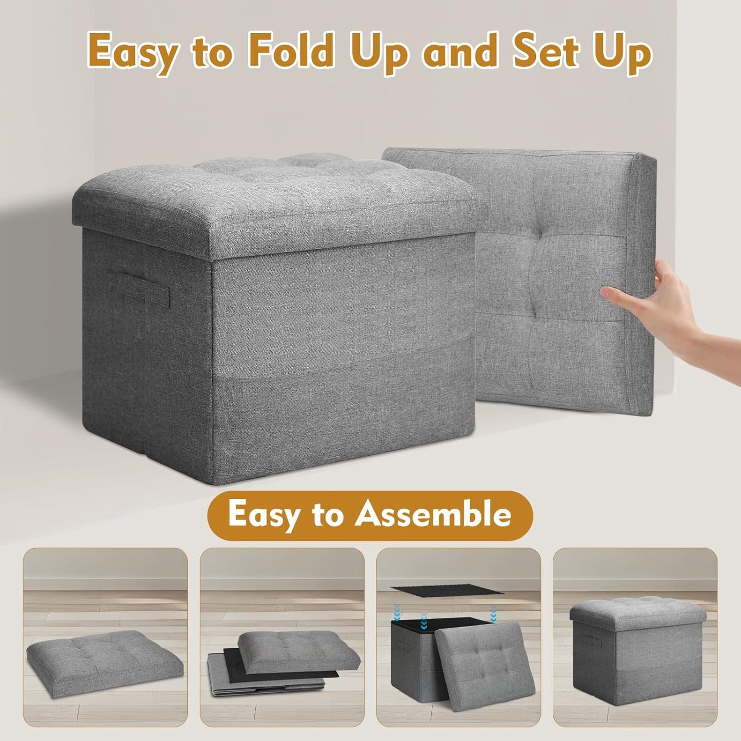Storage Ottoman with Extra Thick Foam Padded Seat, Foldable Foot Rest Stool with Linen Fabric, 43L Ottoman with Storage Bench for Bedroom Living Room, Holds Up to 300lbs, 17x13x13in, Dark Gray