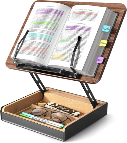 Book Stand with Storage, Book Holder for Reading Hands Free, Wooden Cookbook Stand for Kitchen Counter, Adjustable Reading Stand for Desk, Recipe Stand, Book Prop for Book Lovers