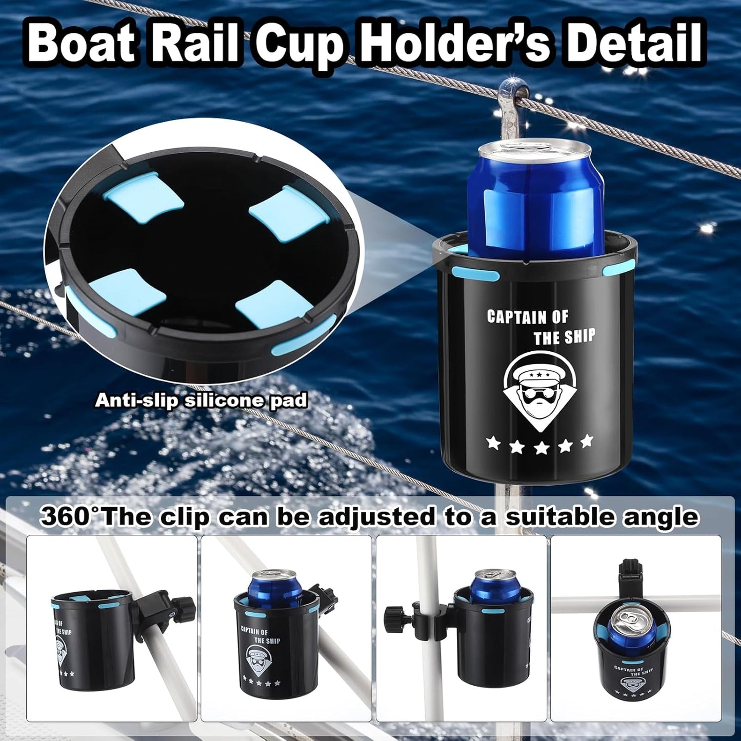 Teenyyou Marine Boat Rail Cup Holder No Drilling Drink Holder Clamp on Kayak Cup Holders Boat Accessories Gifts Install on Pole Grip Rail Grab Bar for Men