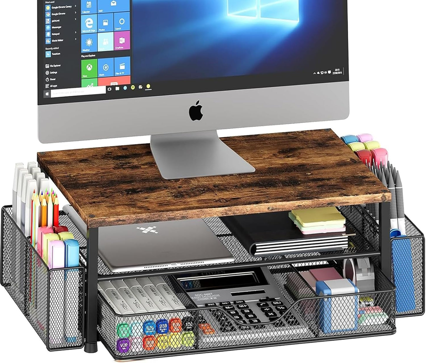 OPNICE Wood Desk Organizers and Accessories, 2-Tier Computer Monitor Stand Riser with Drawer and 2 Pen Holders, Laptop Stand, Office Desk Accessories for Office Supplies, Brown