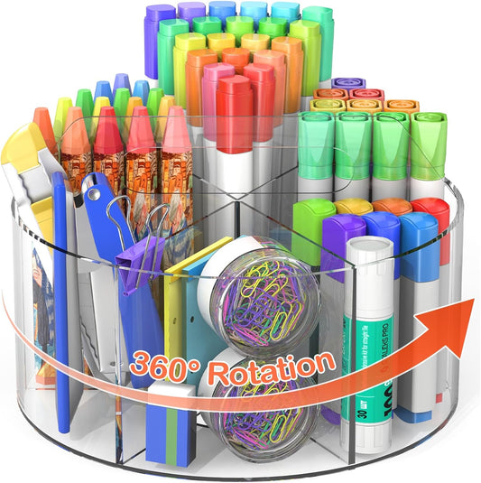 Mefirt Acrylic Pen Holder, 360 Degree Rotating Pen Organizer, Rotating Desk Acrylic Office Organizer with 6 Compartments, Marker Organizer for Kid, Crayon Caddy School Art Supply Storage Organizer