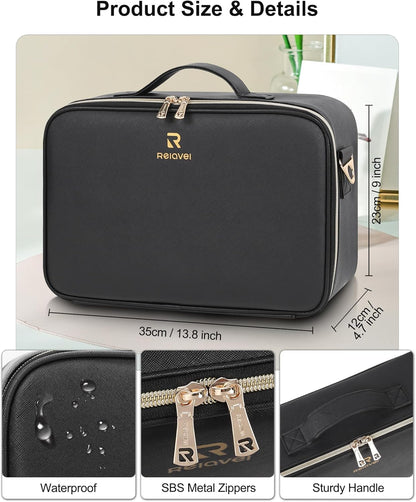 Relavel Travel Makeup Bag With LED Mirror, Cosmetic Train Case with Light up Mirror, Portable Makeup Artist Organizer Bag with Adjustable Dividers, Makeup Brush Holder Storage, Black