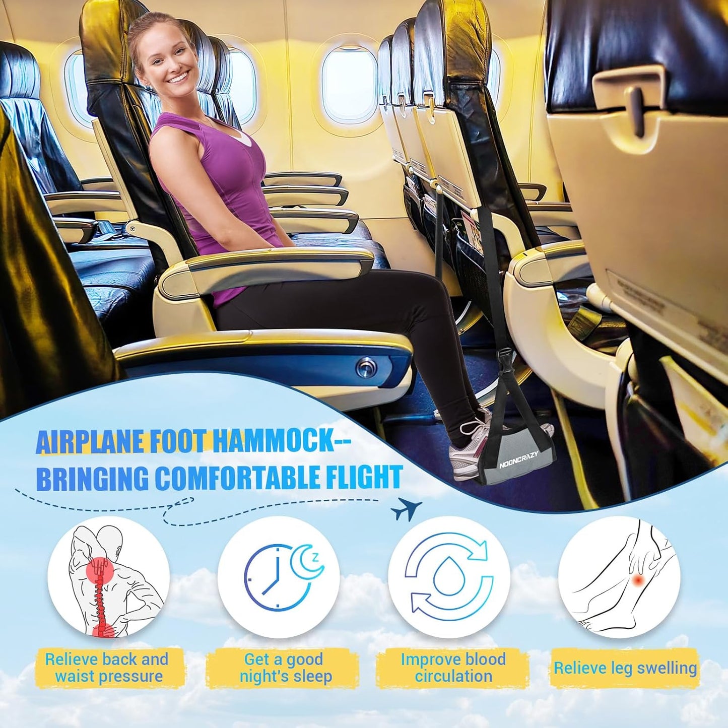 Airplane Foot Hammock, No Collapse Foot Rest for Plane Travel with Extended Adjustment Strap, Portable Desk Foot Hammock with Thickened Foam, Foot Sling Travel Essentials to Relax Your Feet