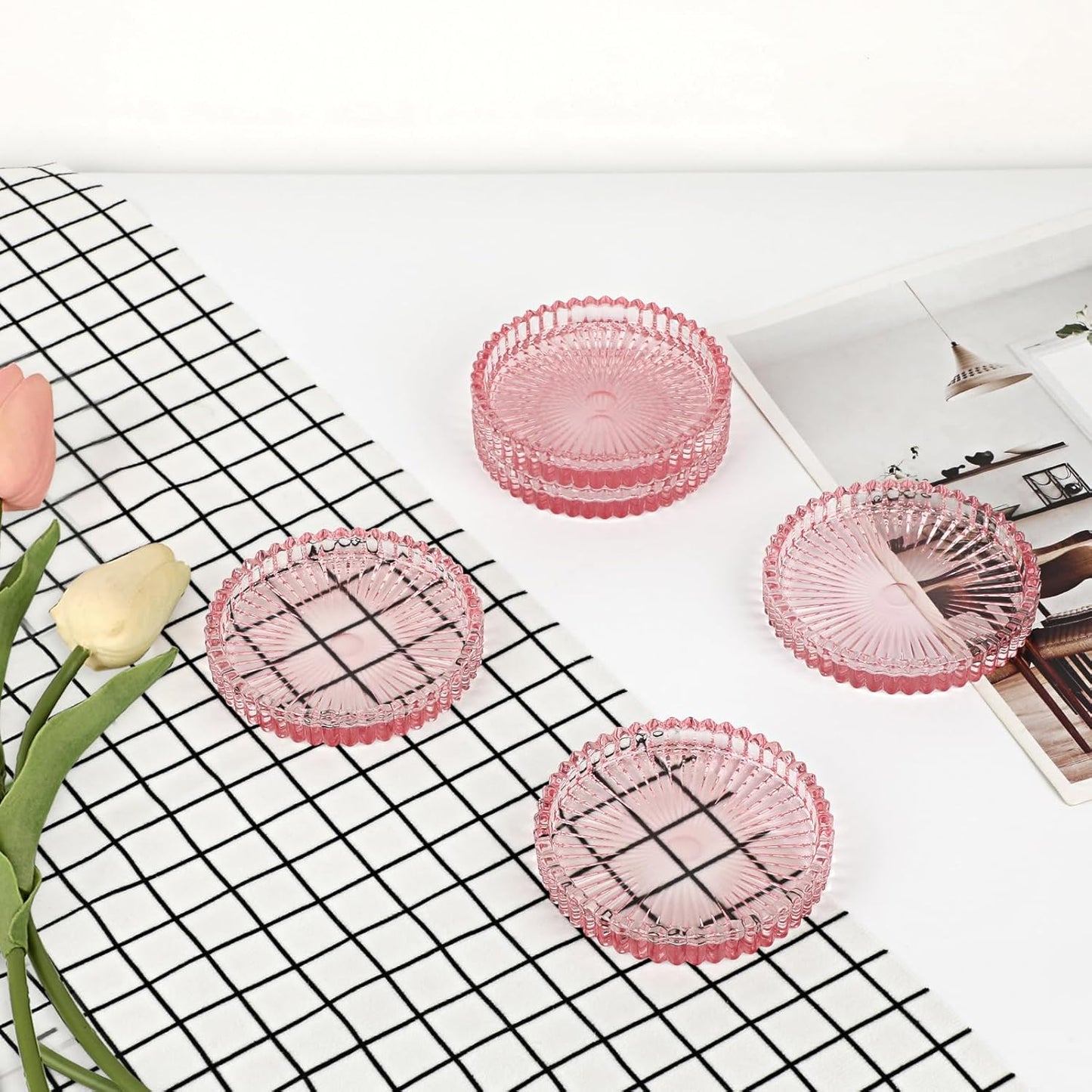 Modern Clear Coasters Set of 5- Glass Cute Coasters for Drinks Crystal Coaster Round Chic Cup Mat Cute Coffee Table Coaster for Kitchen, Bar, Dining Room, Living Room, Patio(Amber)