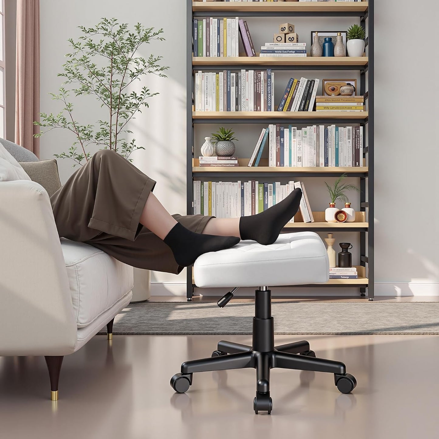 VECELO Under Desk Footrest, PU Ergonomic Foot Rest with Wheels, Comfort Padding, Height Adjustable for Relieving Leg Pain, Stiffness, Black