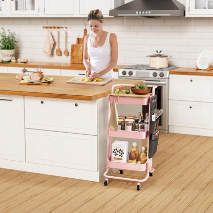 DTK 3 Tier Metal Utility Rolling Cart with Table Top and Side Bags, Tray Storage Organizer Wheels, Art Craft 4 Hooks for Kitchen Bathroom Office Living Room (Black)