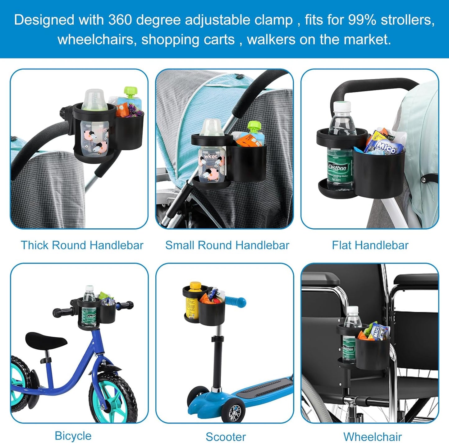 Accmor Stroller Cup Holder, Universal Cup Holder for Uppababy Nuna Doona Strollers, Bottle Drinks Holder for Wheelchair, Walker, Bike, Scooter