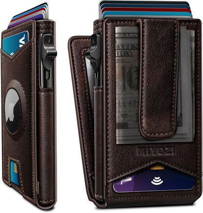 miyozi Airtag Wallet for Men Money Clip 9-Card Pop-Up Credit Card Holder with ID Window RFID Blocking Metal Case Magnetic Closure Front Pocket Wallet Gift Box | with Money Clip