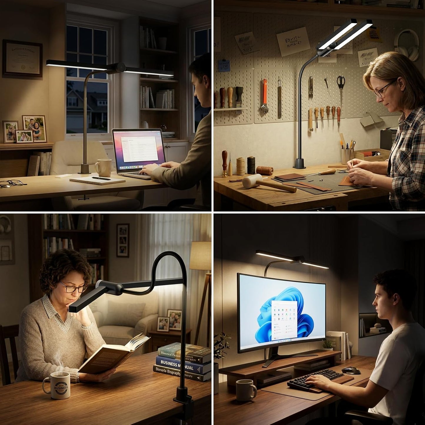 Honeywell Led Desk Lamp with Clamp - HJ4 Sunturalux™, Flexible Dual‑Head Clip‑On Gooseneck Desk Lamps for Home Office, 4 Color Temperature Modes, Stepless Dimming Eye Caring Computer Light, Black