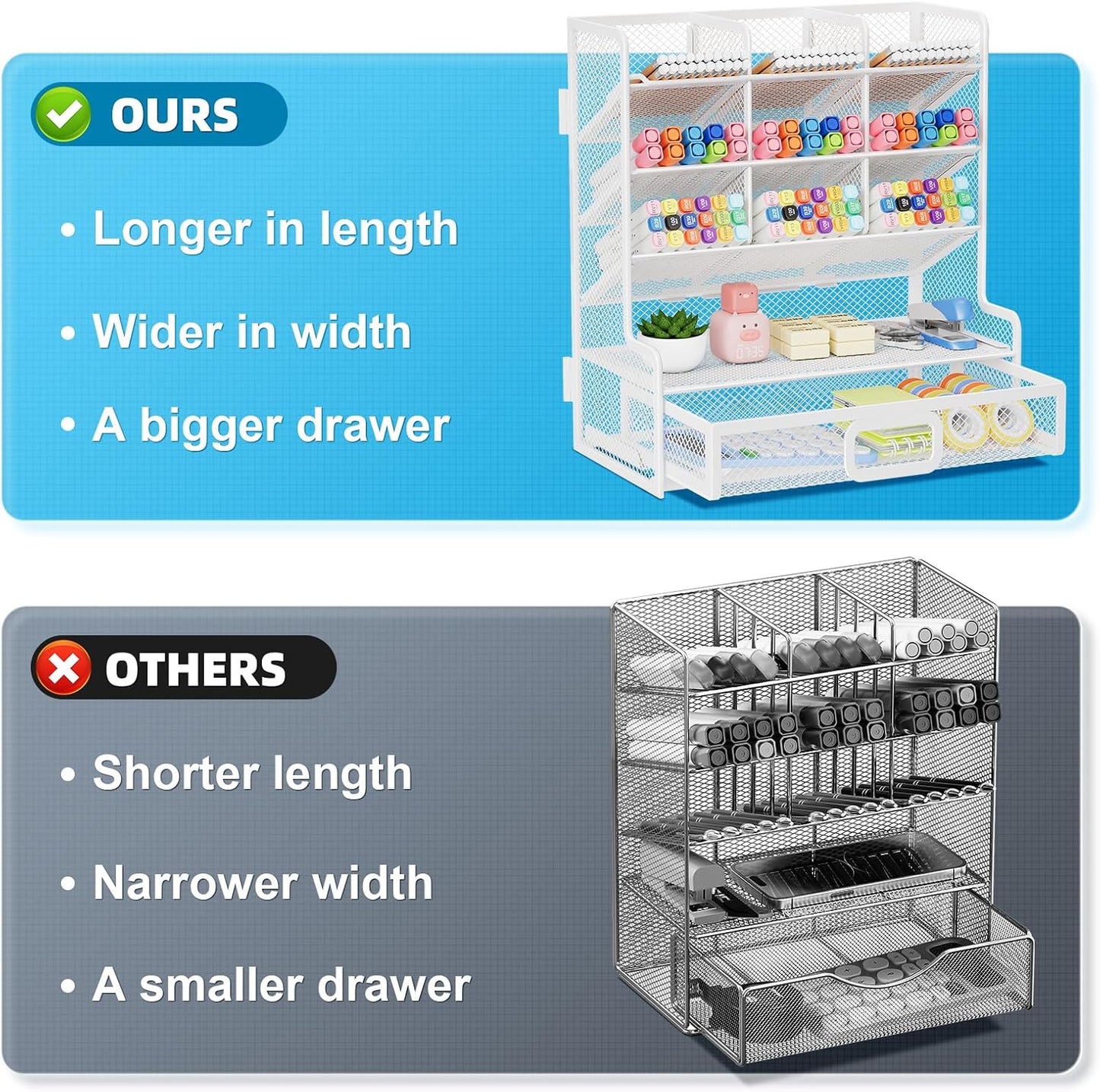 Marbrasse Larger Mesh Desk Organizer with Drawer, Multi-Functional Pen Pencil Holder, Easy Assembly, Desk Organizers and Accessories for Office Art Supplies (Black)