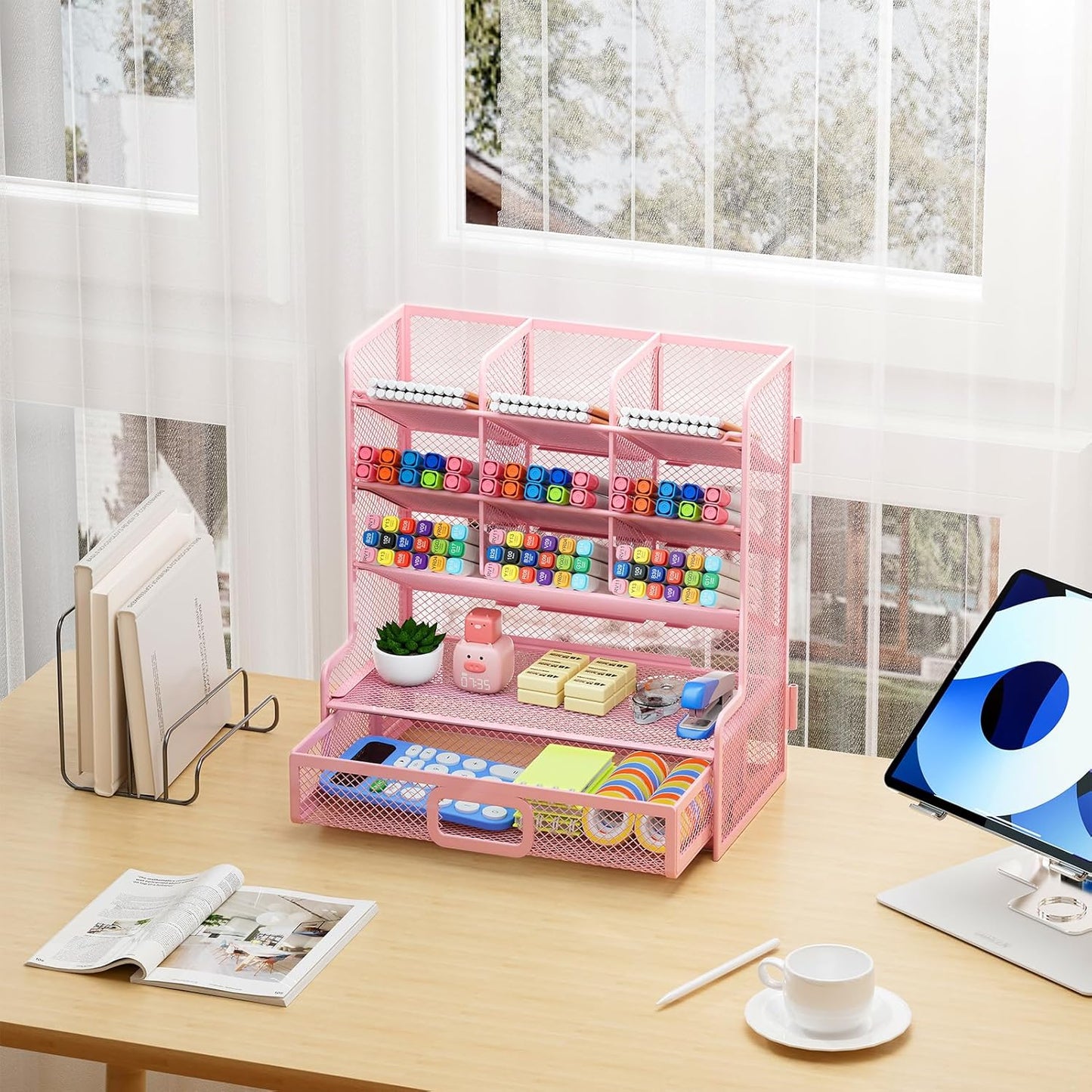 Marbrasse Larger Mesh Desk Organizer with Drawer, Multi-Functional Pen Pencil Holder, Easy Assembly, Desk Organizers and Accessories for Office Art Supplies (Black)