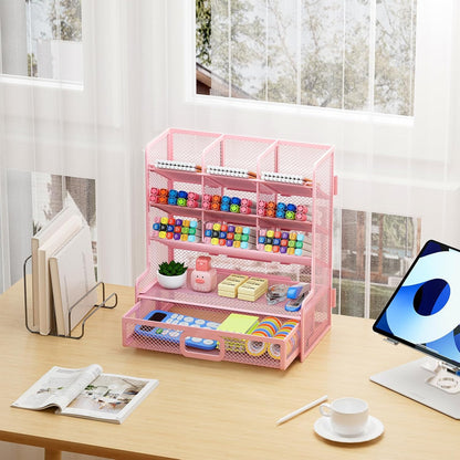 Marbrasse Larger Mesh Desk Organizer with Drawer, Multi-Functional Pen Pencil Holder, Easy Assembly, Desk Organizers and Accessories for Office Art Supplies (Black)