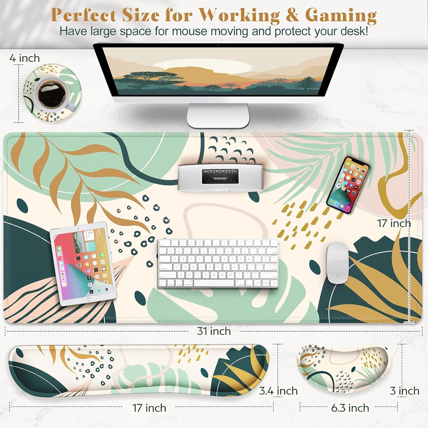 Gimars Upgrade Enlarge Silky and Superfine Fabric Gel Memory Foam Keyboard Wrist Rest Set, Ergonomic Keyboard Mouse Wrist Support for Typing Pain Relief, Comfort for Office, Gaming, Computer, Black