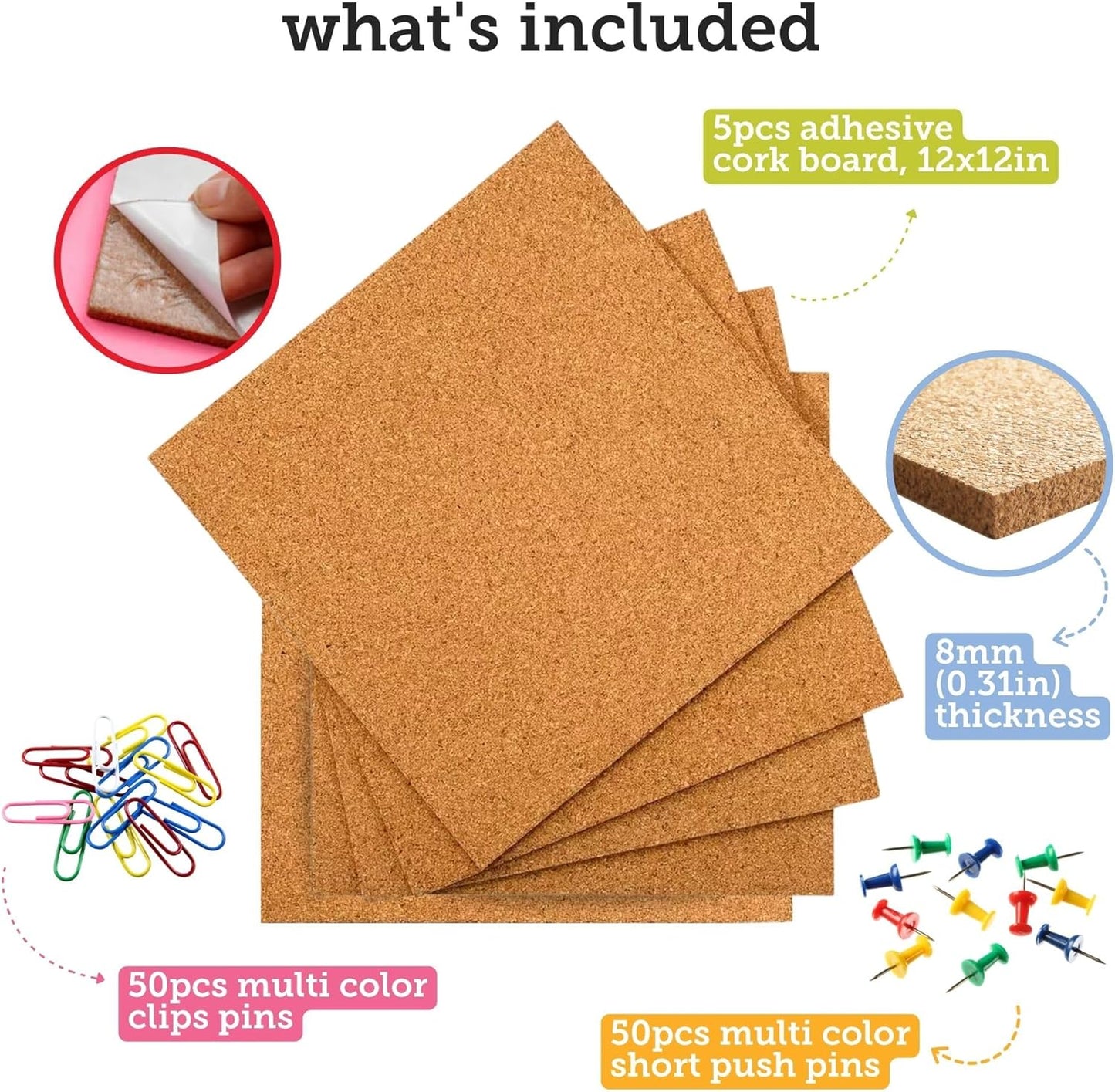 Incraftables Cork Board Tile Squares – 5 Piece 12x12 Self-Adhesive Squares for Bulletin Boards, Wall Corkboards, Vision Boards, Pin Boards, Office & Craft Projects