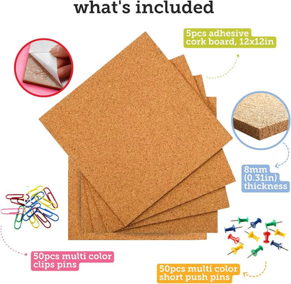 Incraftables Cork Board Tile Squares – 5 Piece 12x12 Self-Adhesive Squares for Bulletin Boards, Wall Corkboards, Vision Boards, Pin Boards, Office & Craft Projects