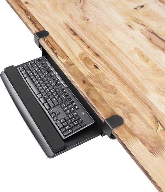 EHO Large Ergonomic C-Clamp Keyboard Tray Mount Under Desk with Wrist Rest, Slide-Out Platform 27.5" (31.8" Including Clamps) x 12.5", Pull Out Keyboard & Mouse Tray for Home or Office, Black