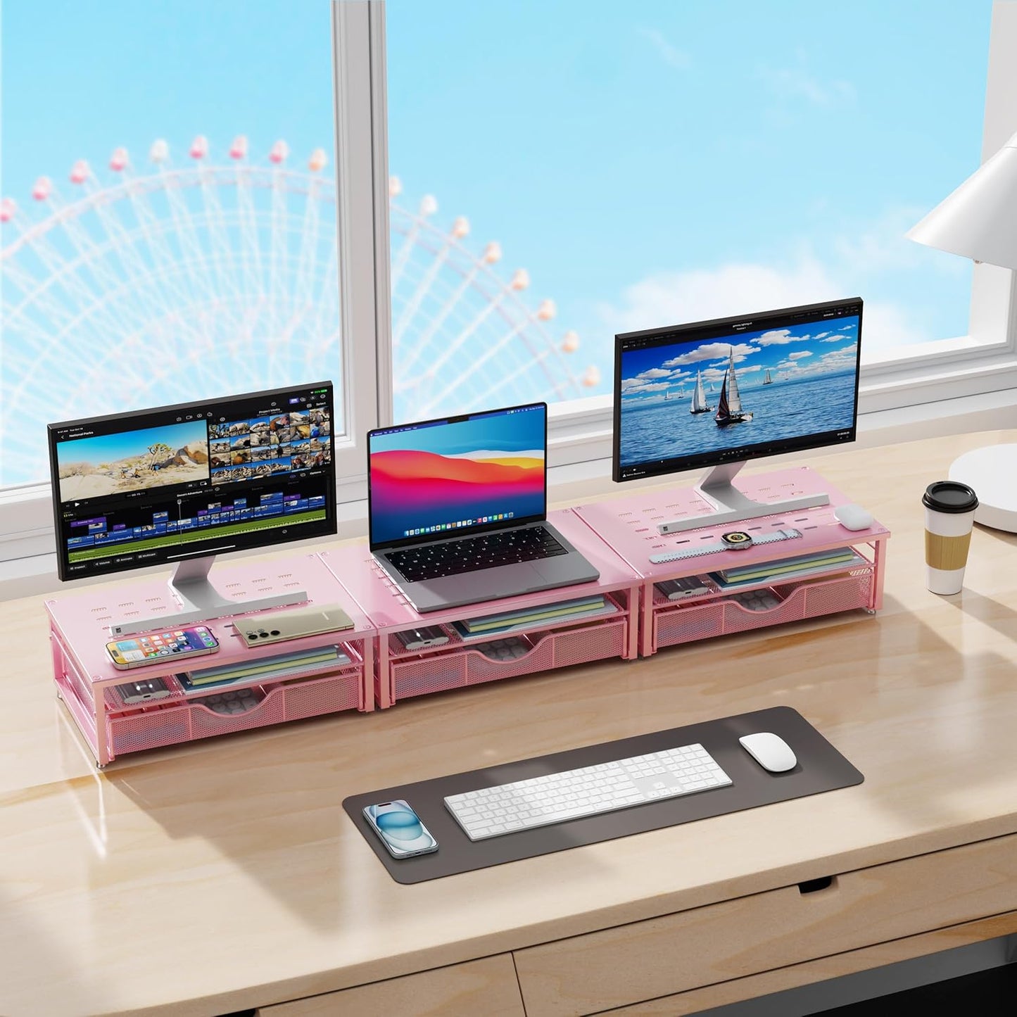 gianotter Computer Monitor Stand Riser, office organizer with Drawer, Office Organizers Storage for Classroom Office Supplies (Wood)