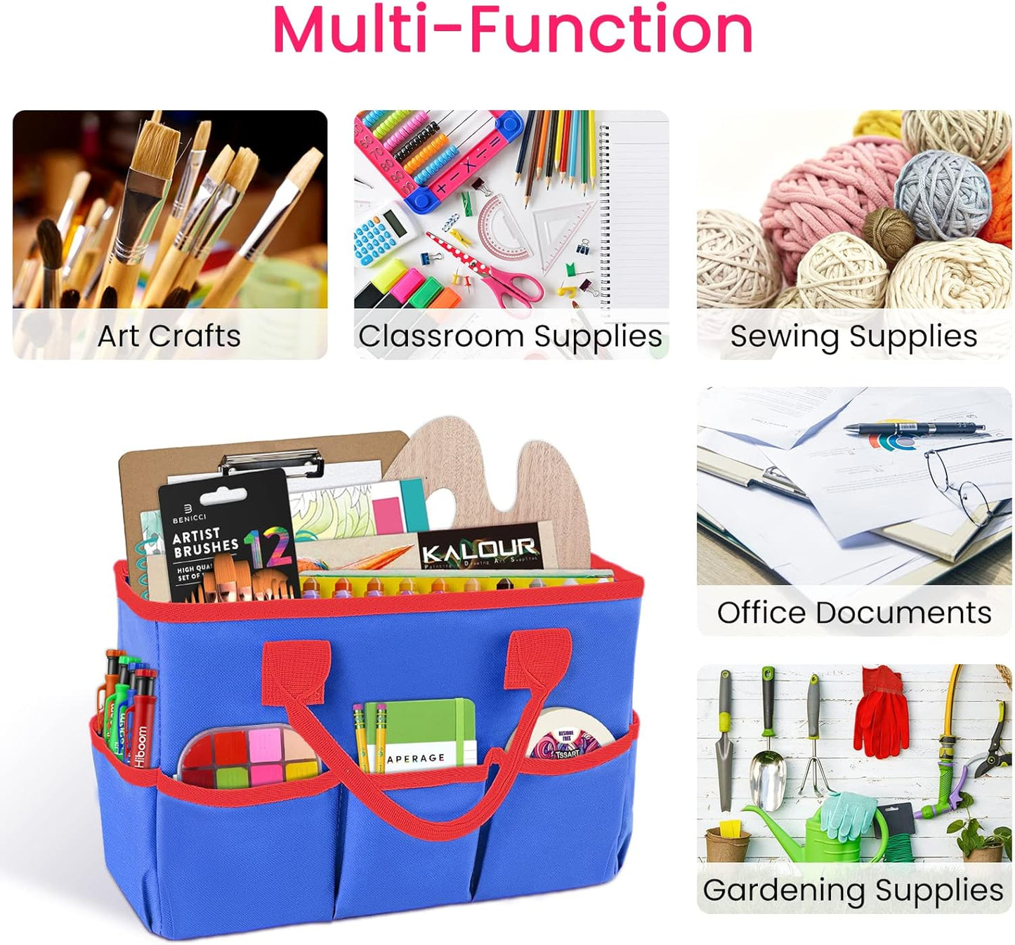 Desktop Tote and Stock Organizer, Teacher Helper Tote Bag Organization for Arts, Books, Stationery, Office Desk Organizer, Make-up Storage Tote with Handles for Travel, Black-Gray
