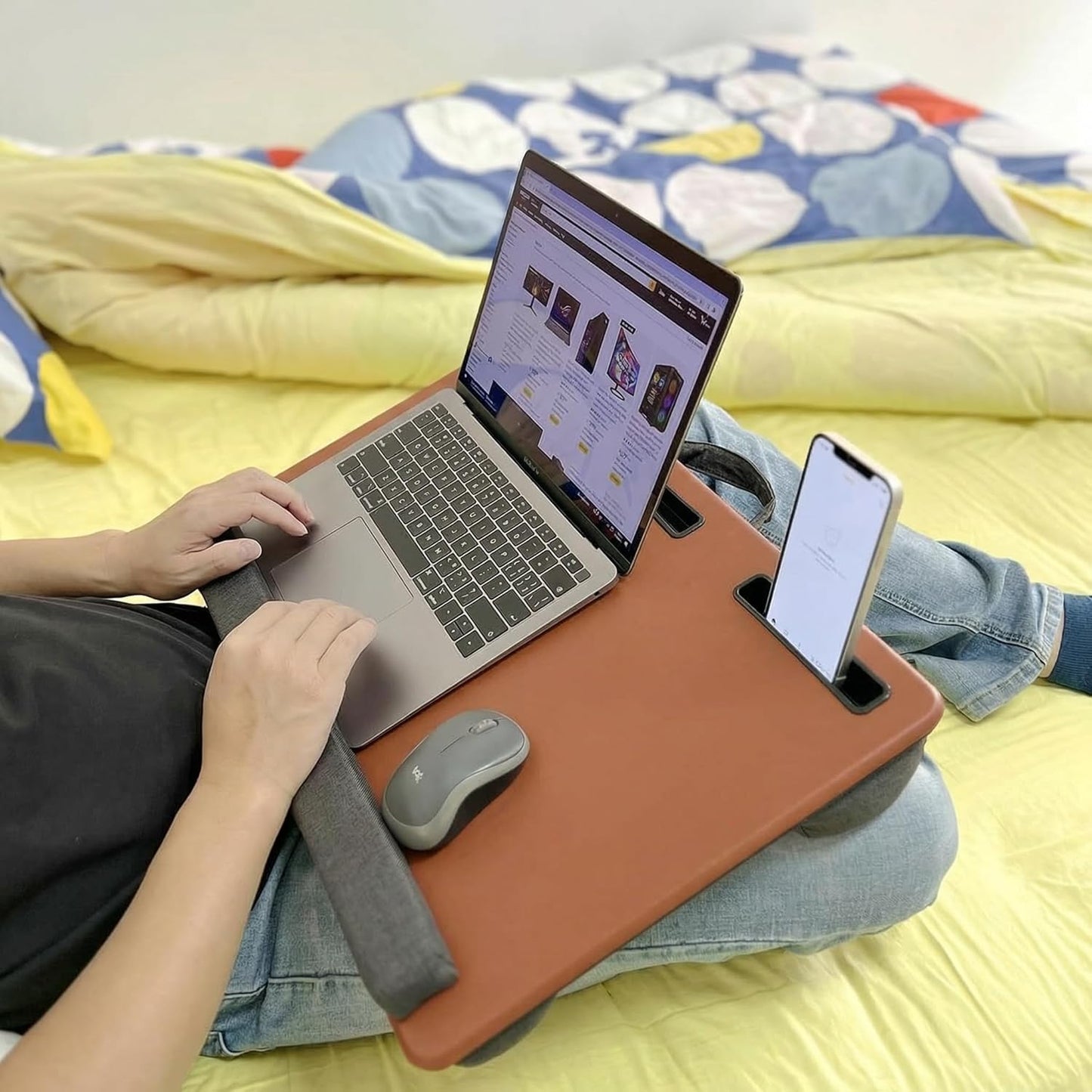 Lap Desk Home Office Lap Desk Portable Laptop Desk for Left Right - Handers with Whole Mouse Pad Wrist Pad Dual Cushion Phone Tablet Slots Fits Up to 17 Inch Laptops