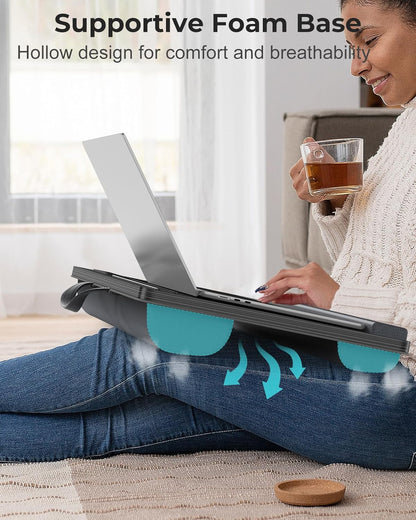 Potuopy Lap Desk- Fits up to 17” Laptop Lap Desk with Wrist Pad, Laptop Lap Pad, Lap Desks for Adults Laptop Stand for Bed with Cushion and 2 Upgraded Mouse Pads, Tablet and Phone Slots (Dark Brown)