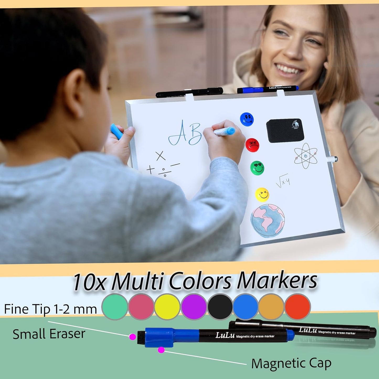 Dry Erase White Board for Desktop & Wall 12"x16" with 2 Magnetic Removable Planners - Weekly & Monthly to Do List Board with Stand, 6 Markers Eraser & Wall Hangers - Portable Double Sided Magnetic
