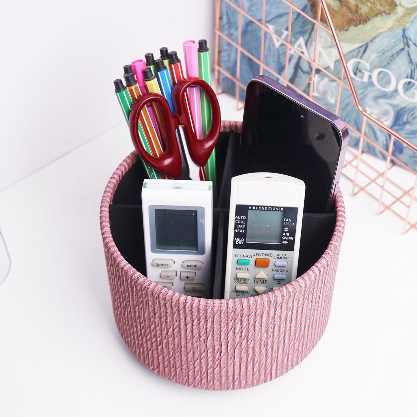 Round Leather Art Supply Organizer,Remote Control Holder,360 Degree Rotating,Multi-Functional Pencil Holder,4 Compartments Desktop Stationary Organizer(1-Fractal Flower) | Round - Colors A