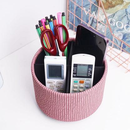 Round Leather Art Supply Organizer,Remote Control Holder,360 Degree Rotating,Multi-Functional Pencil Holder,4 Compartments Desktop Stationary Organizer(1-Fractal Flower) | Round - Colors A