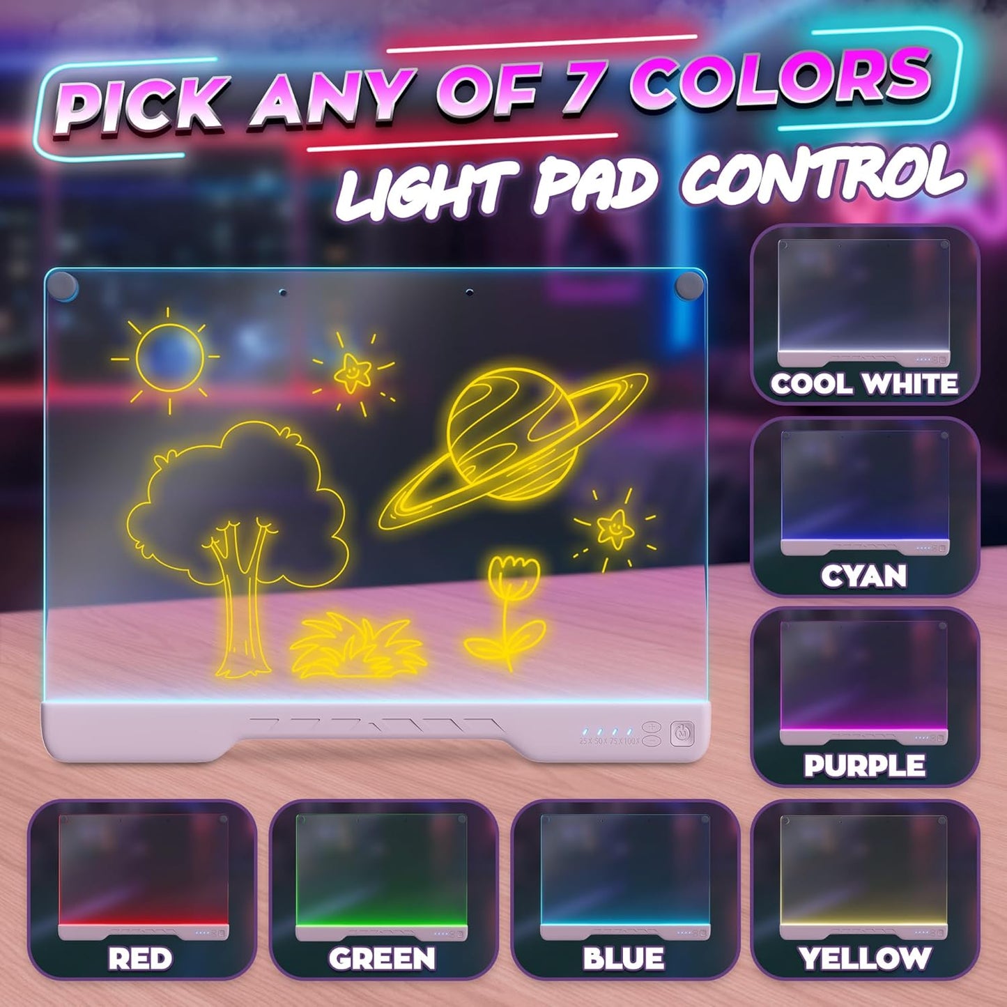 Upgraded 16” LED Drawing Board – Rechargeable, 7 Colors, 10 Light Modes, Adjustable Brightness – Acrylic Light Board for Tracing with Stand, Markers and Full Kit – Birthday Gift Set (Black)