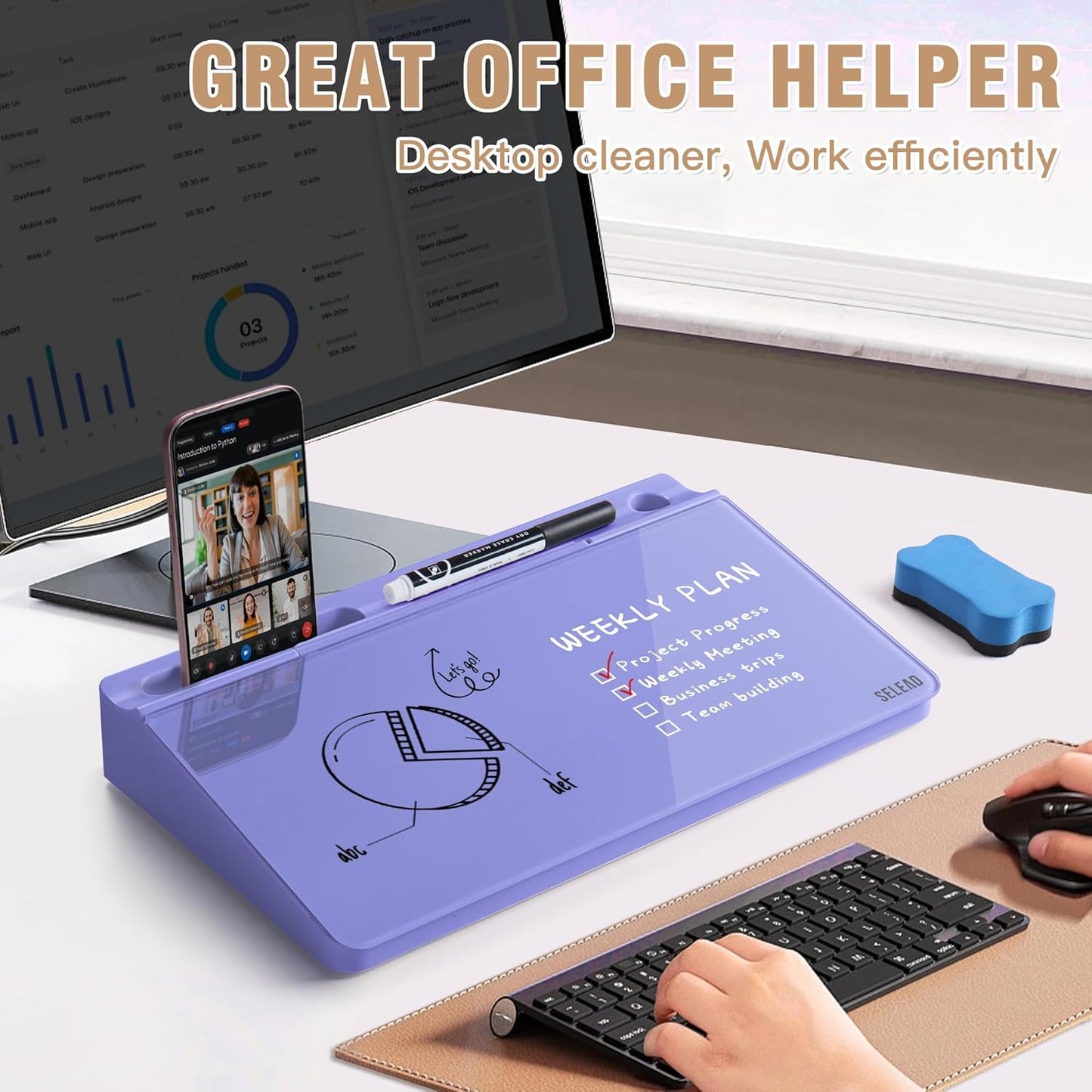 SELEAD Desktop Glass Whiteboard with Wireless Charger Station, Dry Erase Board Computer Pad Keyboard Stand with Organizer for Home, School, Office Desk Accessories, Black
