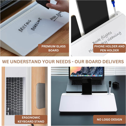 GAROOD Desktop Whiteboard with Storage Desk White Board Desk Board Glass White Board with Stand Home Office Organizer Phone Holder 15.8X7X2 inches