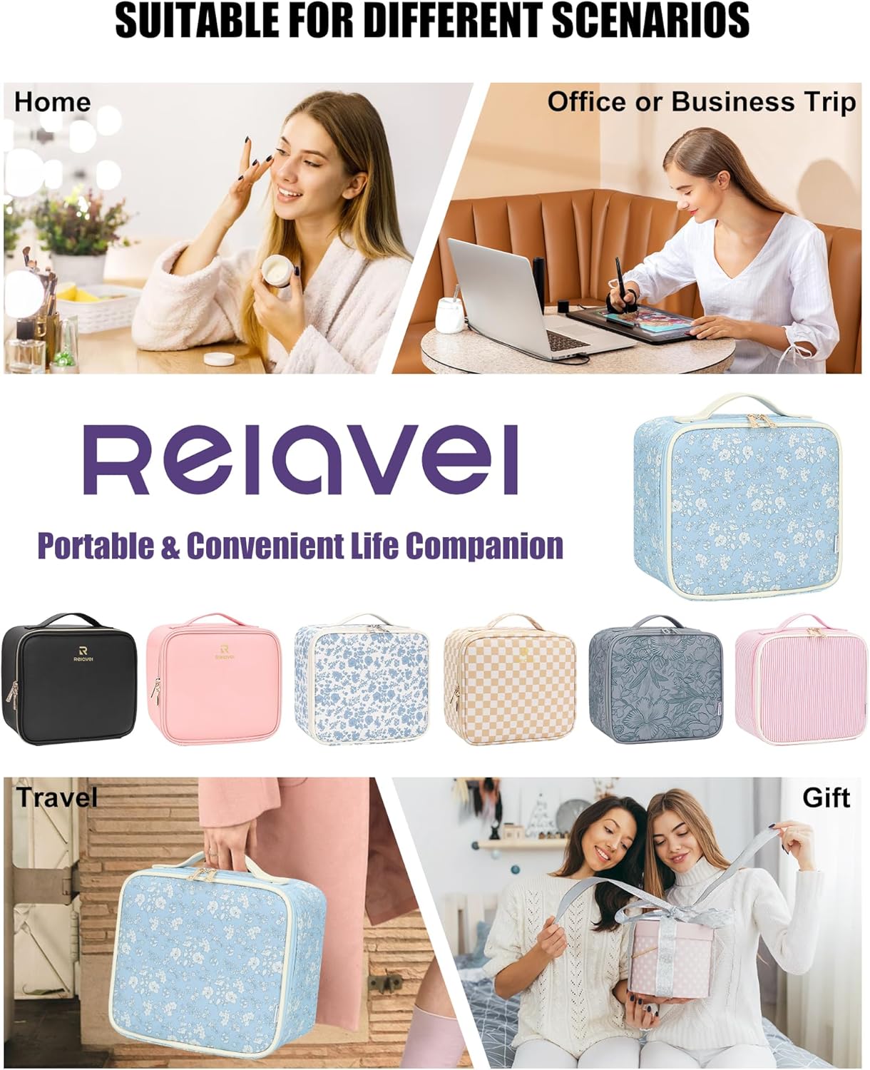 Relavel Travel Makeup Bag With LED Mirror, Cosmetic Train Case with Light up Mirror, Portable Makeup Artist Organizer Bag with Adjustable Dividers, Makeup Brush Holder Storage, Black