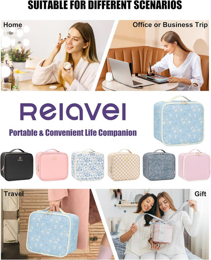 Relavel Travel Makeup Bag With LED Mirror, Cosmetic Train Case with Light up Mirror, Portable Makeup Artist Organizer Bag with Adjustable Dividers, Makeup Brush Holder Storage, Black