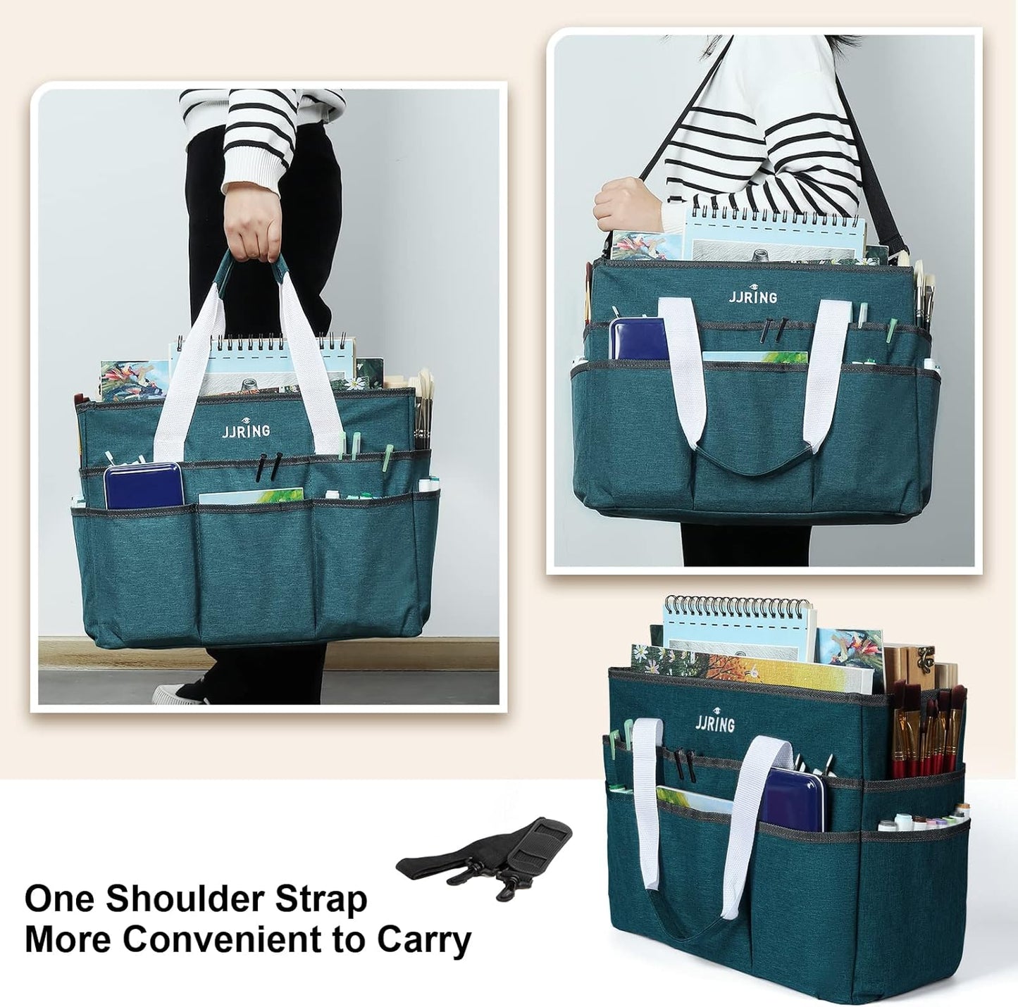 JJRING Craft Organizer Tote Bag for Art Storage, Caddy with Multiple Pockets, Bluish Green Sewing Bag for Scrapbooking, School, Medical, and Office Supplies