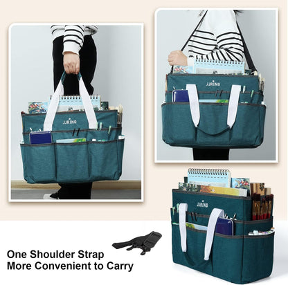 JJRING Craft Organizer Tote Bag for Art Storage, Caddy with Multiple Pockets, Bluish Green Sewing Bag for Scrapbooking, School, Medical, and Office Supplies