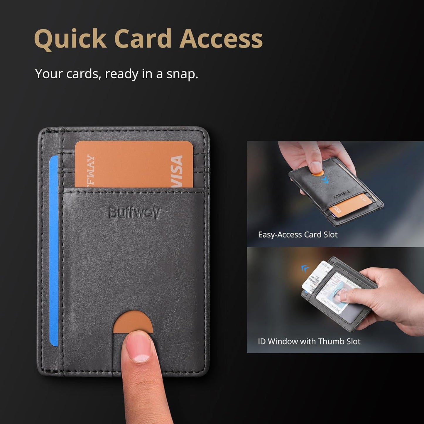 Buffway Slim Minimalist Front Pocket RFID Blocking Leather Wallets for Men and Women - Carbon Fiber Black - Colors B