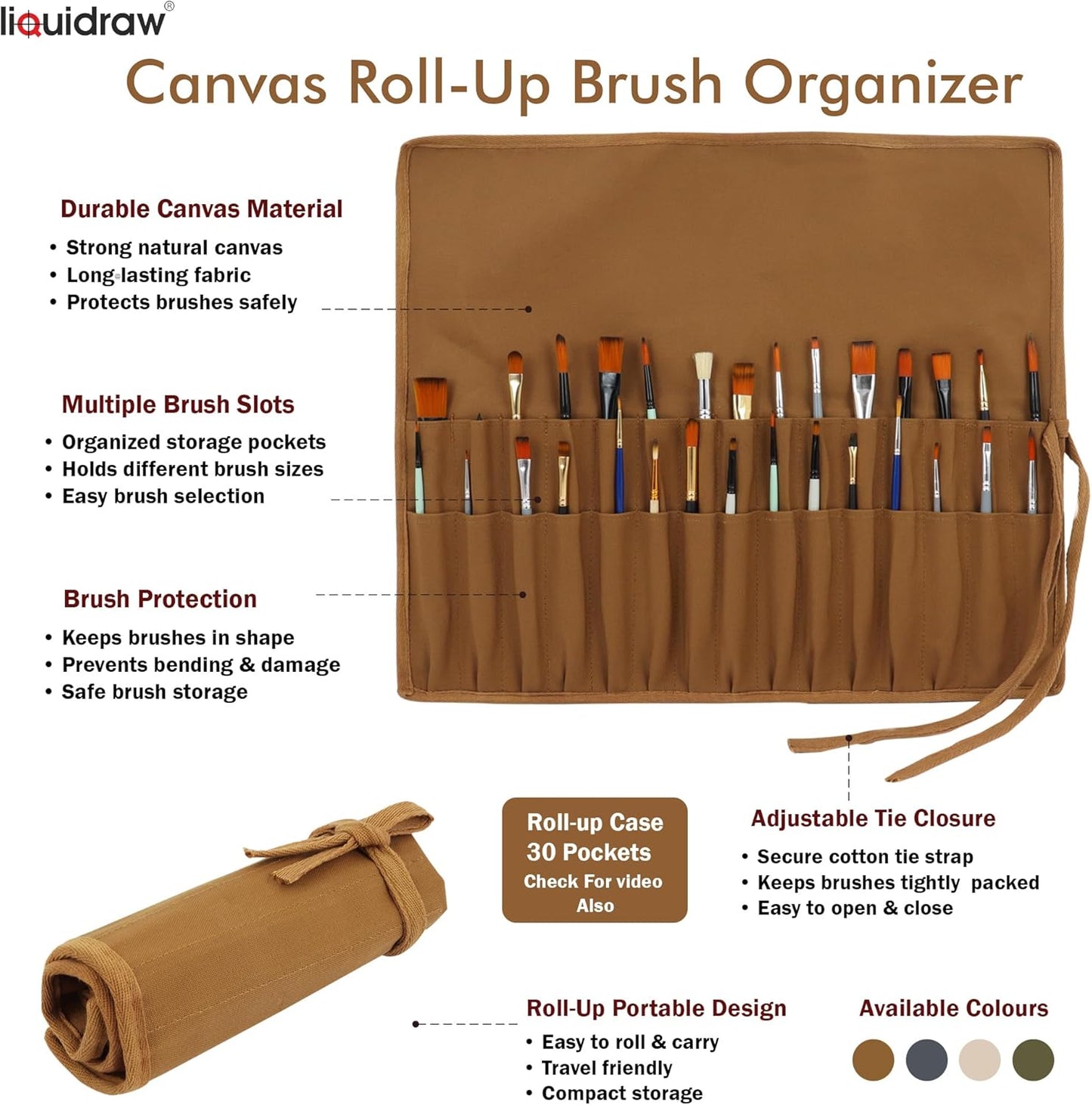 Liquidraw 30 Pocket Canvas Paint Brush Holder - Natural | 21" x 18" | Roll Up Brush Storage Pouch | Ideal Case for Paintbrush & Art Tool Storage | Easy to Carry | Also Great for Storing Makeup Brushes