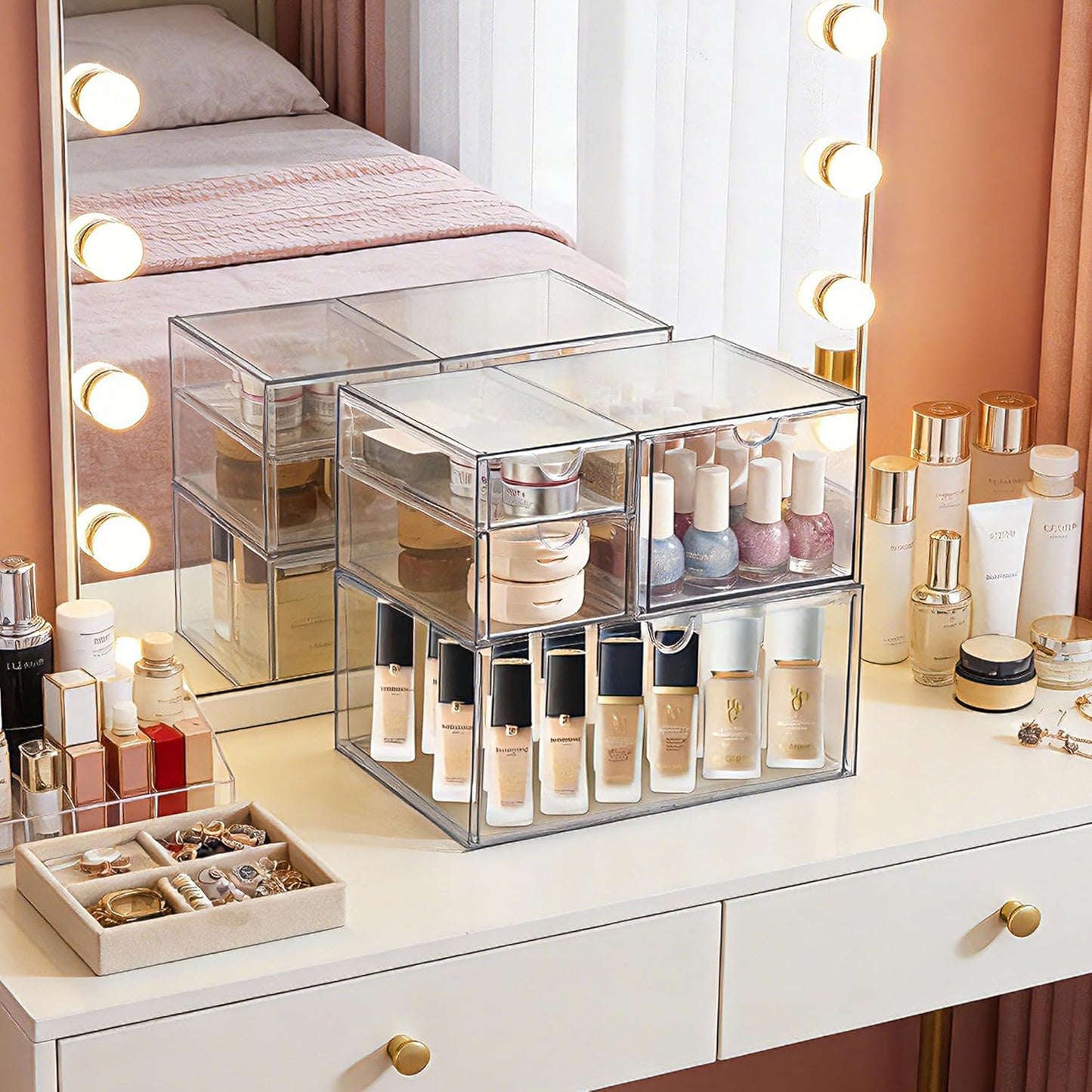 Prsildan Acrylic Drawer Makeup Organizer with 6 Drawers (Not for Baby Bottle), Set of 2 Office Desk Organizers Accessories, Clear Stackable Storage Drawers for Vanity, Craft (Largest Drawer 4" Tall)