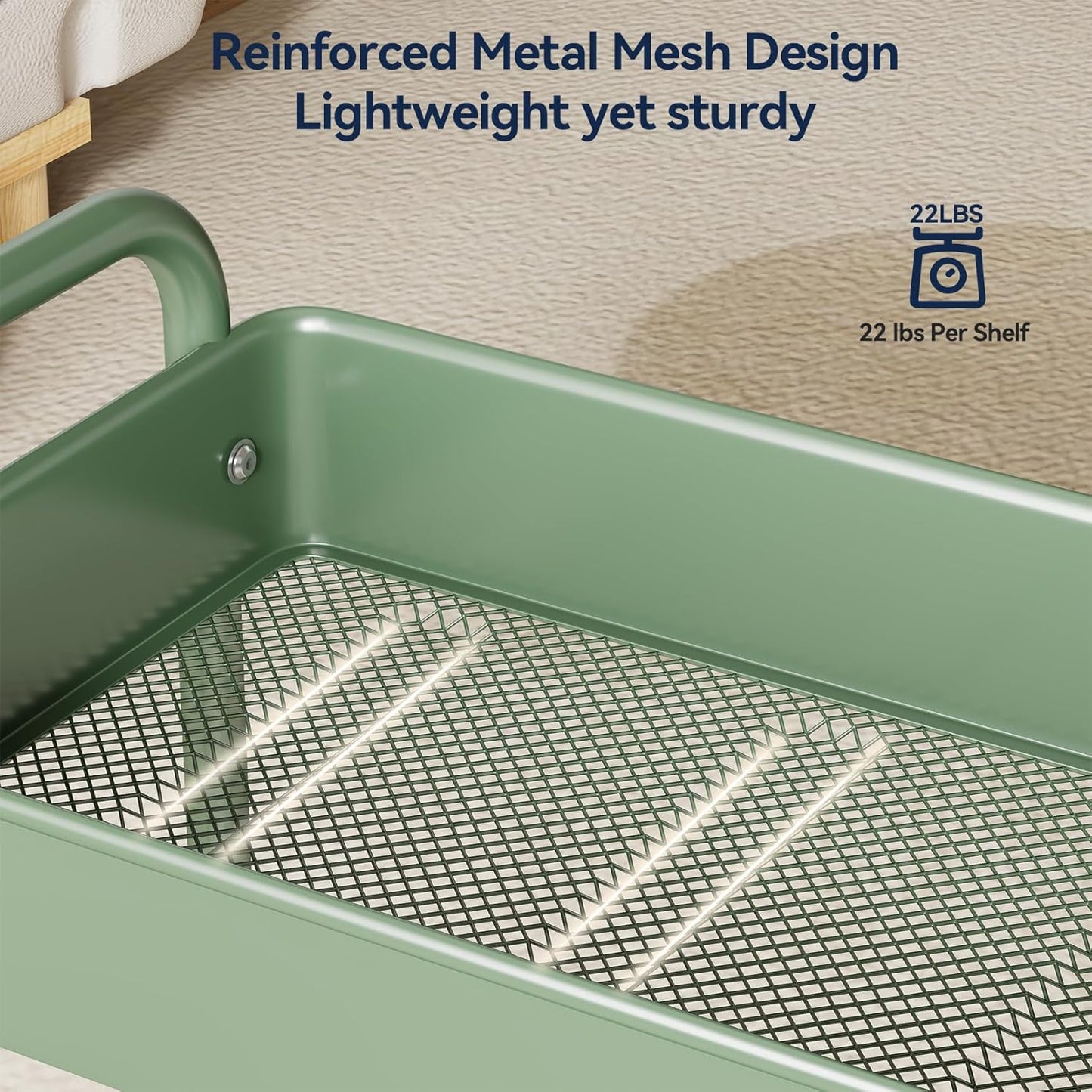 YASONIC 3 Tier Rolling Cart - Metal Utility Cart with Wheels, Hanging Cups, Hooks, Heavy Duty Mesh Rolling Storage Cart Organizer, Craft Cart for Kitchen Office, Lightweight and Sturdy