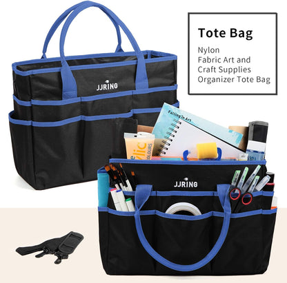 Jjring Craft and Art Organizer Tote Bag - 600D Silver Nylon Fabric Art Caddy with Pockets - for Art, Craft, Sewing, Medical, and Office Supplies Storage