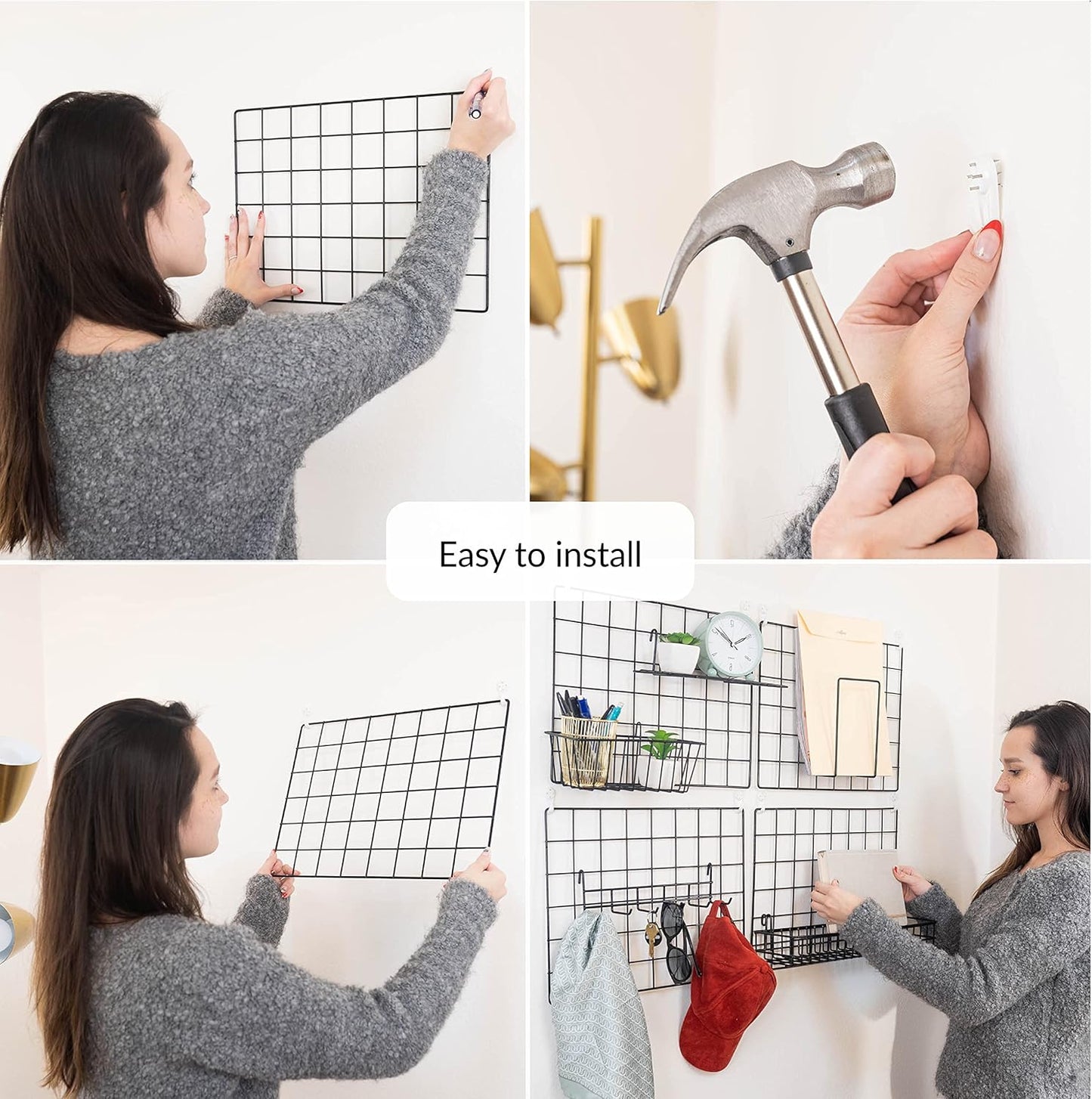 2 Pack Wire Wall Grid Panel With Accessories | Includes Hanging Basket, Shelf & Hook Rack | Photo Grid Wall Panels | Hanging Home, Office & Kitchen Décor | Metal & Black