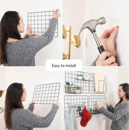 2 Pack Wire Wall Grid Panel With Accessories | Includes Hanging Basket, Shelf & Hook Rack | Photo Grid Wall Panels | Hanging Home, Office & Kitchen Décor | Metal & Black